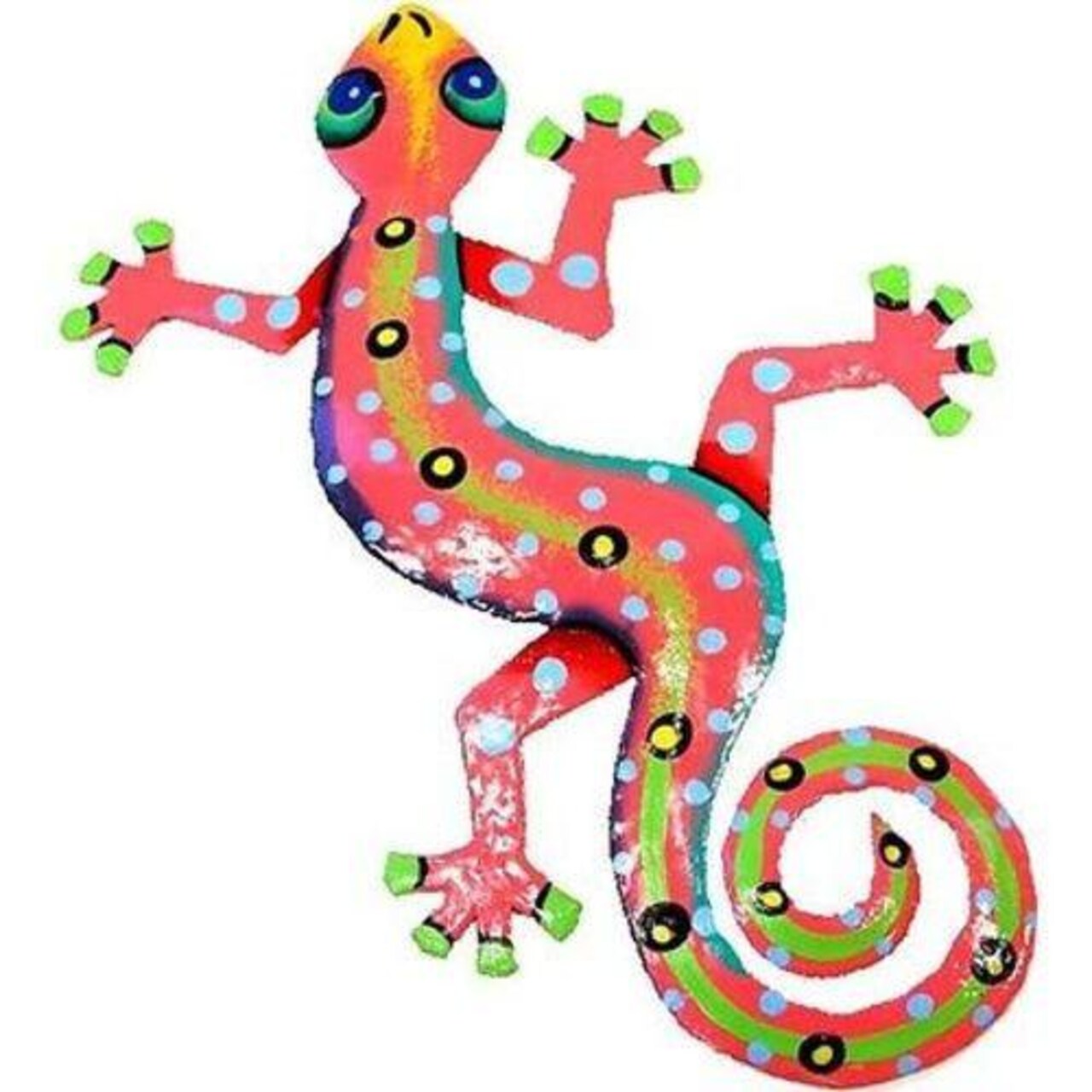 8 Inch Pink Metal Gecko Wall Hanging Crafted from Recycled Oil Drums with Bright Colors